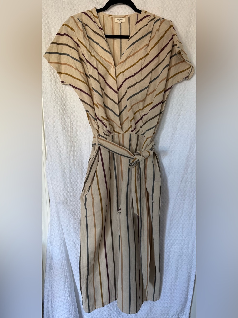 World Market Striped Romper Boho Neutral Tie Waist Wide Leg S/M - Picture 2 of 7